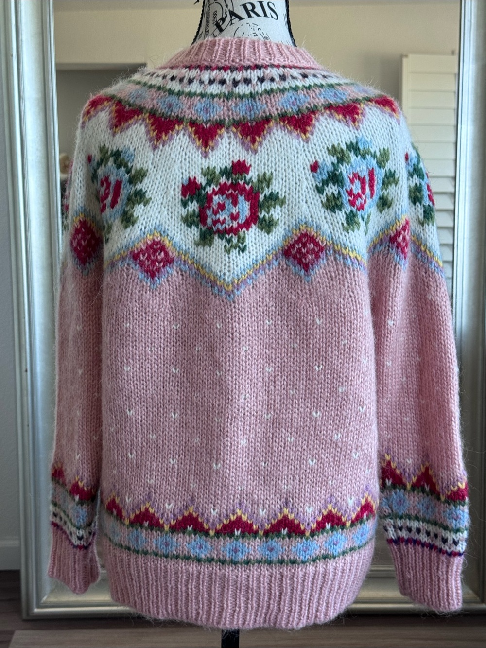Sundance Irish Rose Fair Isle Wool Pink Button Down Cardigan Sweater Boho Size S - Picture 5 of 9